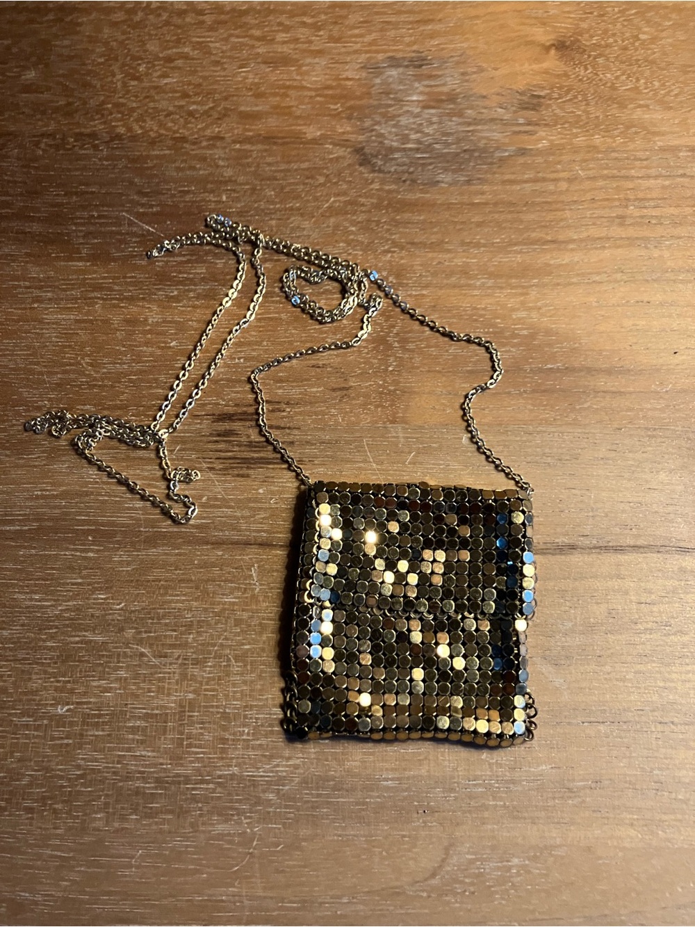 Vintage Gold Metallic Mesh Necklace Purse Pendant 70s Disco Stash Fun Unique